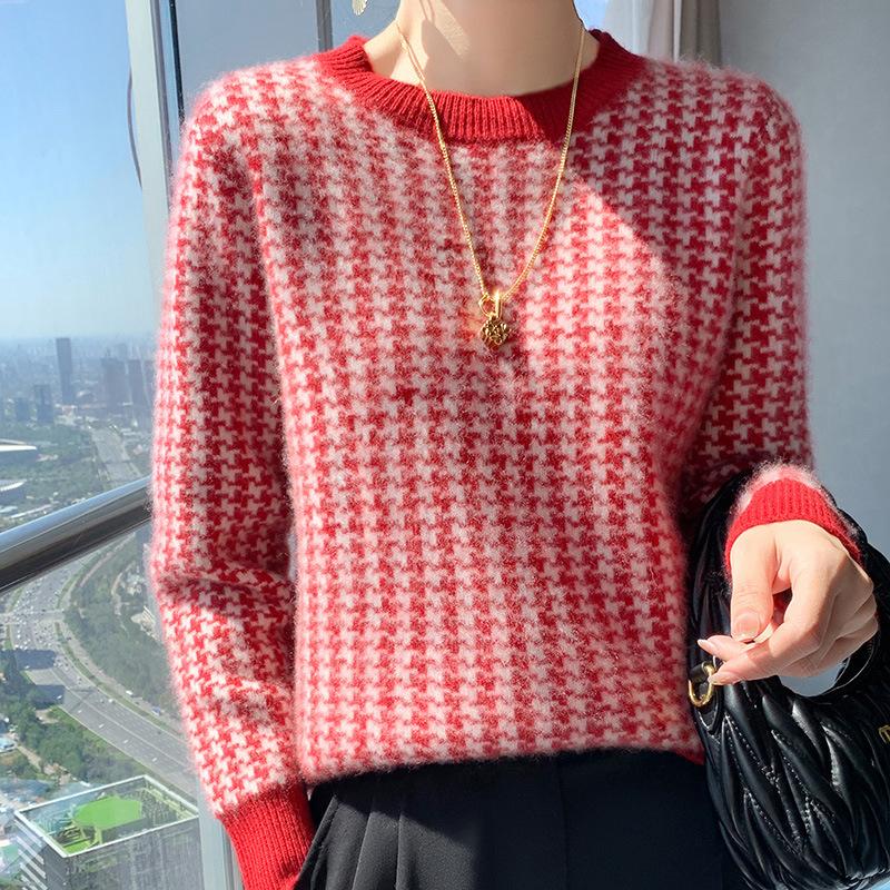 Double-strand Thick Round Neck Houndstooth Cardigan for Women s Autumn and Winter New Fashionable and Versatile Cashmere Knitted Base Shirt S 11980₽