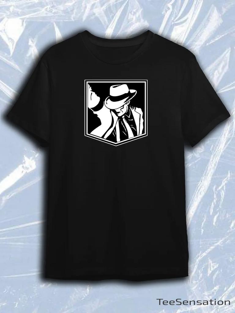 TeeSensation Black Crew Neck Short Sleeve T-Shirt with White Black Michael Jackson Fedora Shield Print