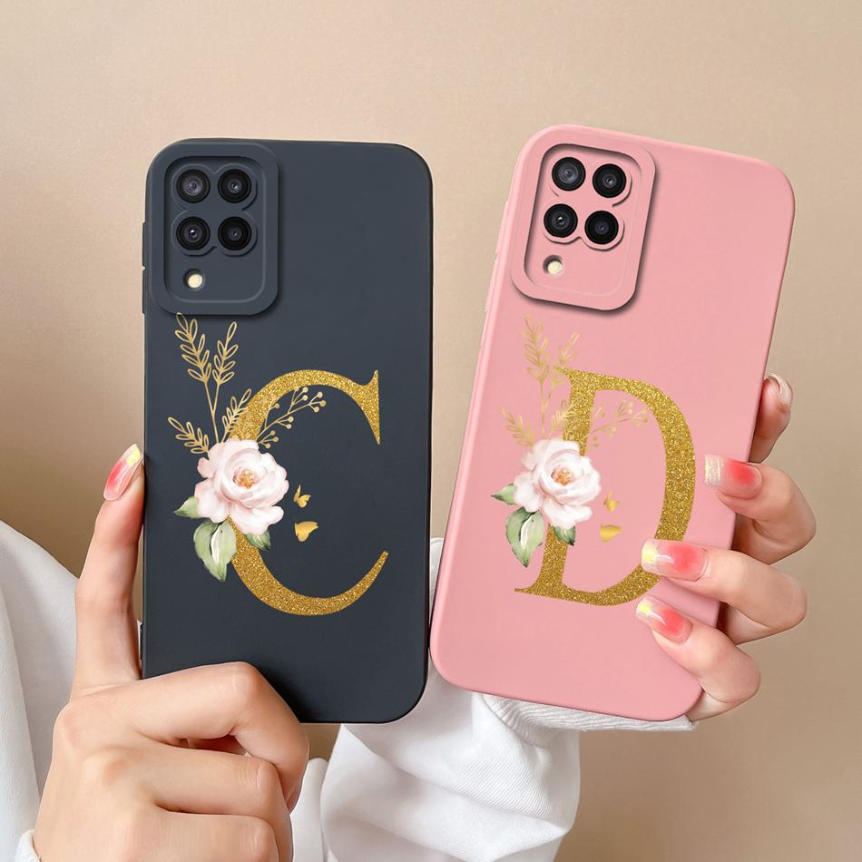 Elegant Case For Samsung M22 M32 4G 5G Rose Letter Phone Shell Lens Protective Cover For Galaxy M32 M22 Liquid Silicone Bumper