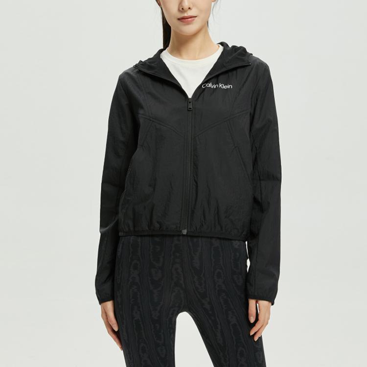 Calvin Klein SS22 Logo Print Hooded Short Sports Jacket Women Jackets Black 4WS2O514-001