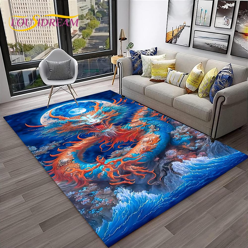3D China Dragon Myth Art Cartoon Carpet Rug for Home Living Room Bedroom Sofa Doormat Decor,Kid Play Area Rug Non-slip Floor Mat