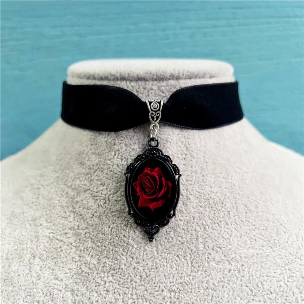 Halloween Red Glass Necklace With Rose Pendant Gothic Style For Men And Women
