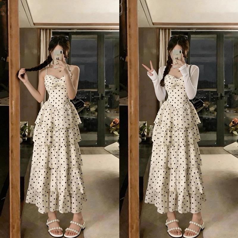 

Elegant French Polka Dot Spaghetti Strap A-line Dress - Slimming, Waist-Cinching Summer Cake Skirt for Women 3XL