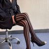 Japanese JK Black Silk Jacquard Thigh-High Socks with Dark Vertical Stripes