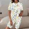 Women Plus Size Round Neck Short Sleeve Music Note Printed Two Piece Shorts Set