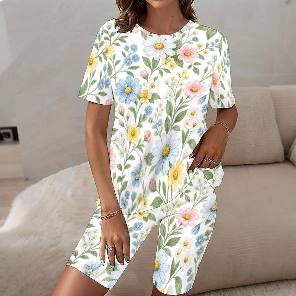 Women Plus Size Round Neck Short Sleeve Music Note Printed Two Piece Shorts Set