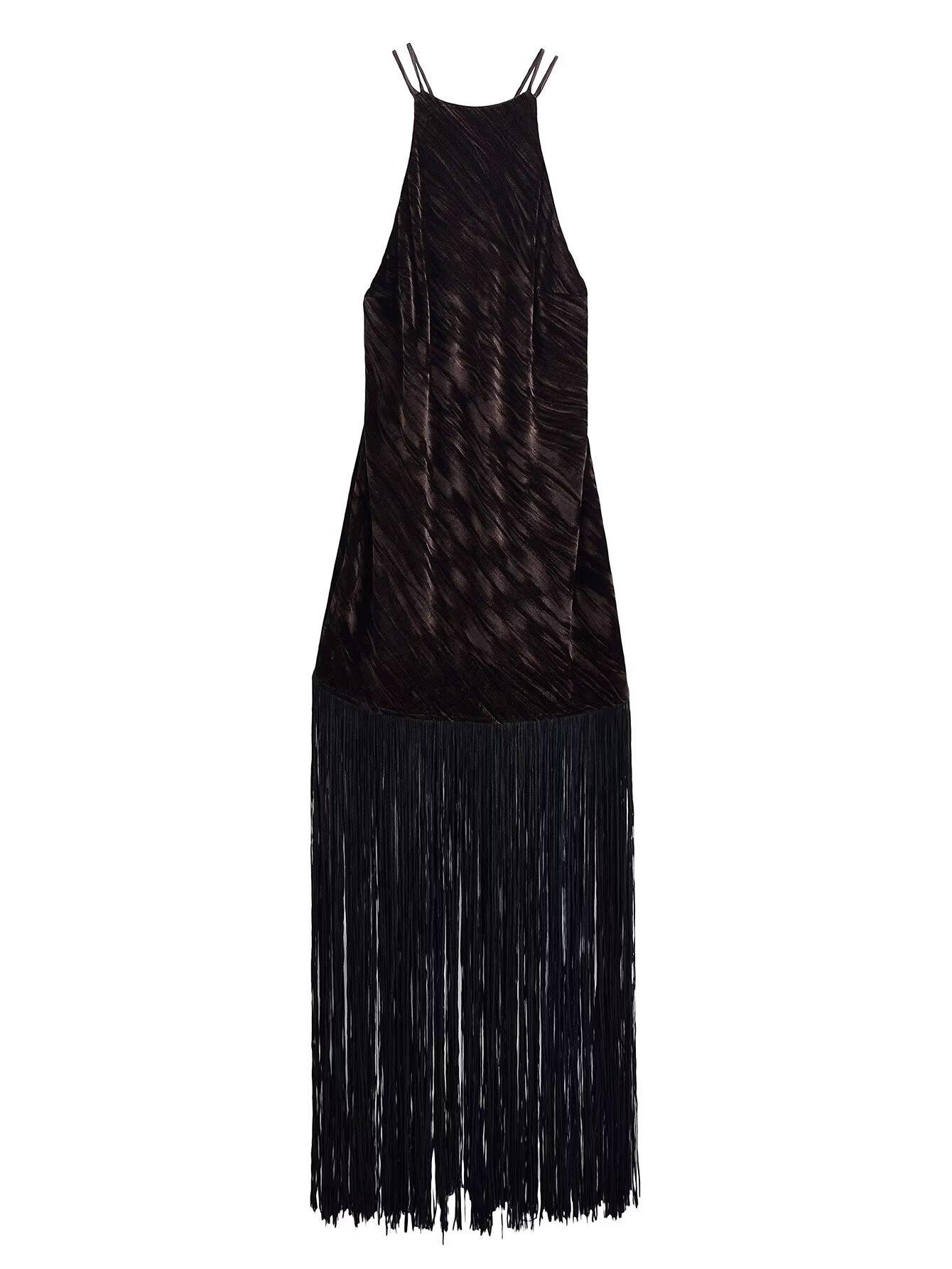 

2025 Autumn/Winter Women s Velvet Fringe Mid-Length Dress: Fashionable, Versatile, Solid Color S чорний