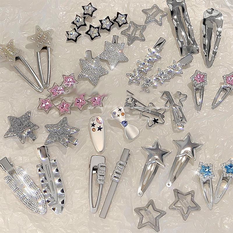 Silver Rhinestone Pentagram Hairpin: Y2K Cool Style Bangs Side Clip