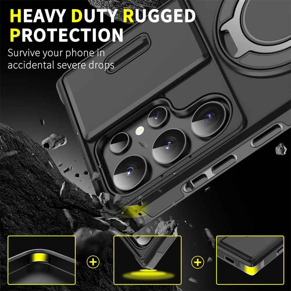 Armor Magnetic Bracket Case for Samsung S24 S23 S21 S22 Ultra Plus S20FE S23FE S24FE Slide Camera Protection Shockproof Cover