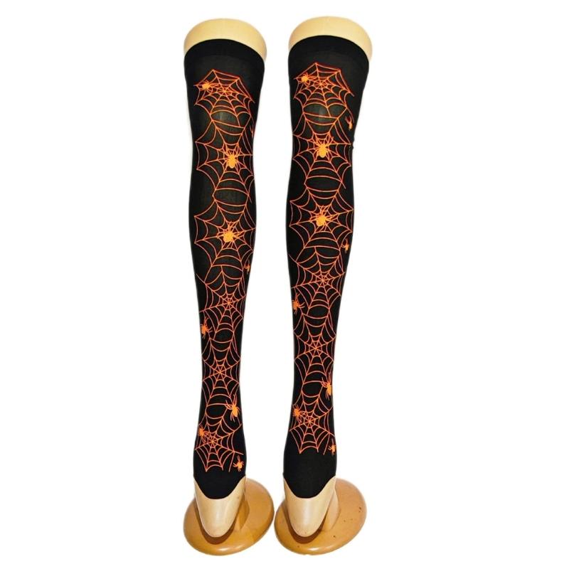 Women Sexy Harajuku Gothic Spiderweb Pattern Over Knee Socks Stretchy Thigh High Stockings for Halloween Cosplay Costume