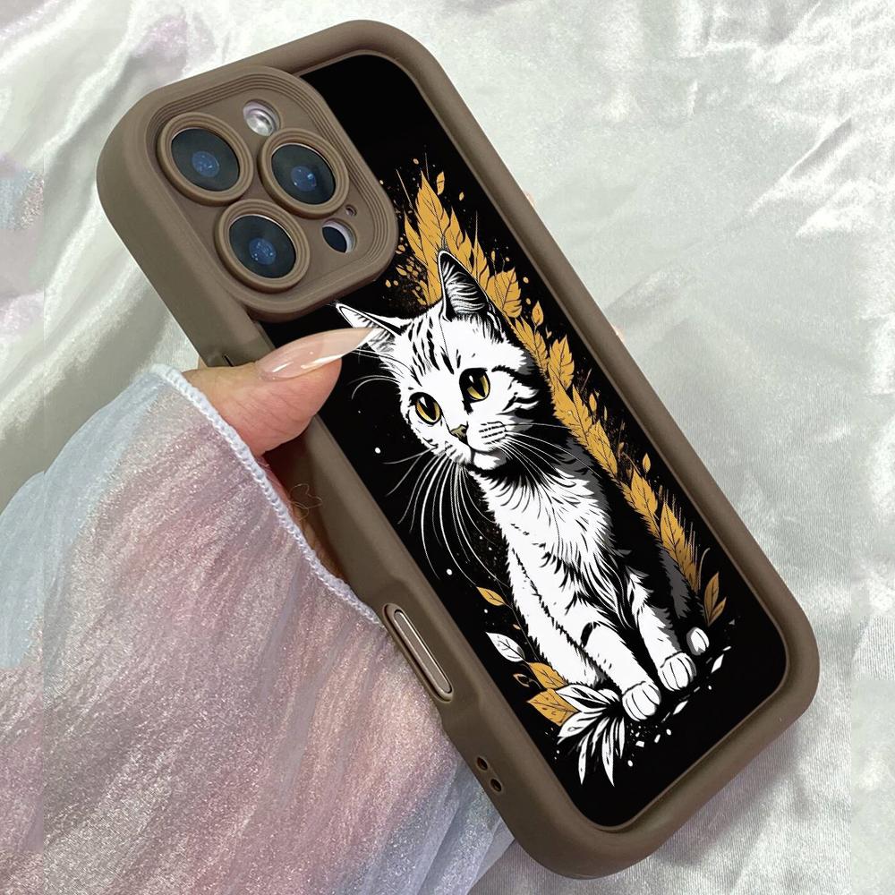 JT222 Cute white kitty art for iPhone 17 16 15 Pro Max Samsung S26 S25 Ultra A17 A16 A07 A56 A15 A06 Xiaomi 15T Redmi 15c 14C Soft TPU Case