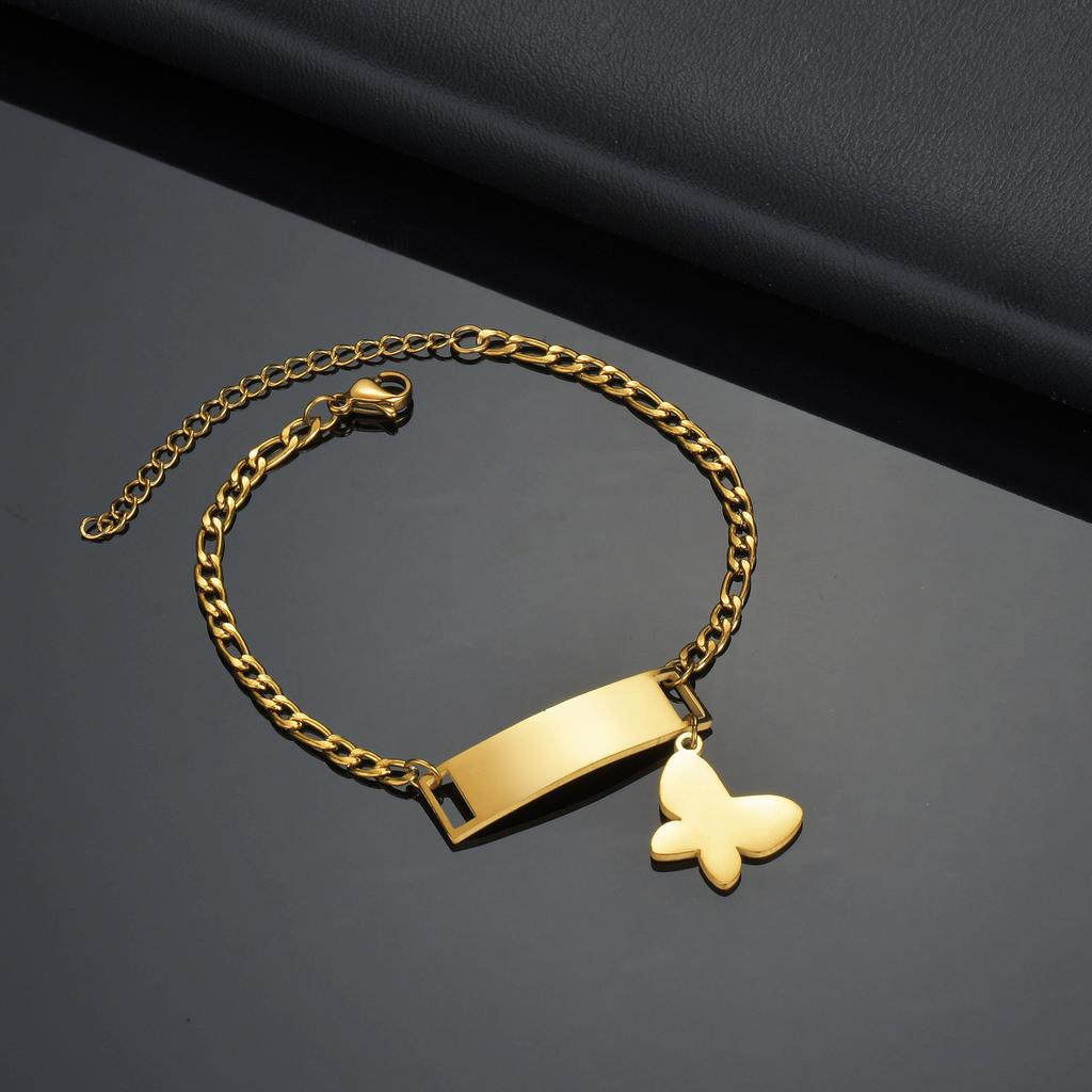 Atoztide Personalized Custom Name Bar Bracelet Stainless Steel For Men Women Engrave Letter Butterfly Figaro Chain Jewelry Gift