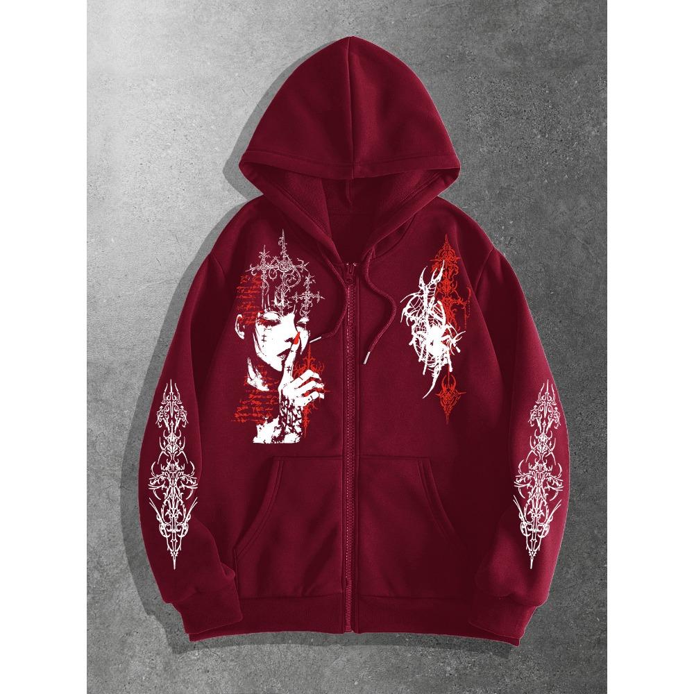 Y2k Mode Seriefigur Porträtt Tryck Huvtröja med Dragkedja | Avslappnad Street Style, Långärmad, Fiber, Normal Passform