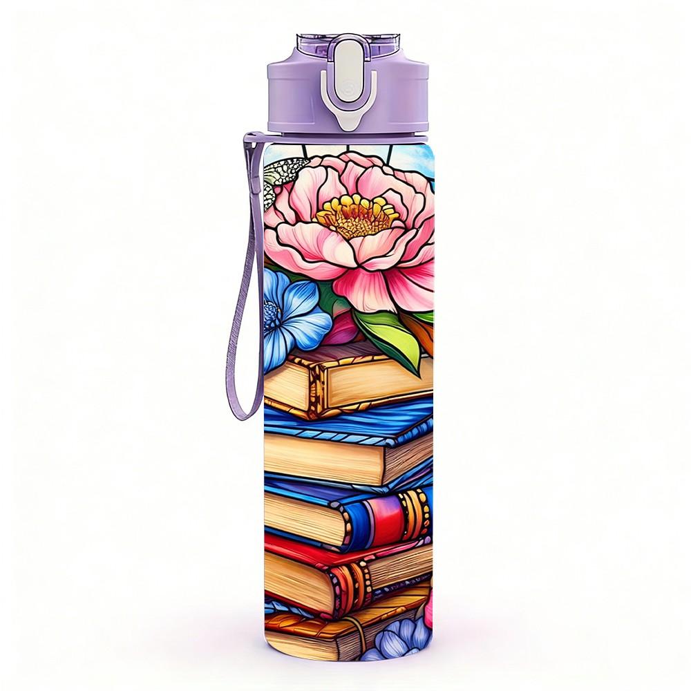 1PC Colorful Book Stack Rose Flower Art 750ml Color Plastic Sports Water Bottle Leakproof Flip Straw Lid Suitable for Sports Office Home Use