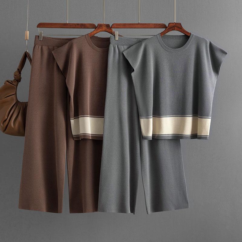 GMXIA Women's Plate-size Set, A Loose and Slimming Women's Knitted Sweater, High-waisted and Wide-leg Trousers, A Fashionable Two-piece Set