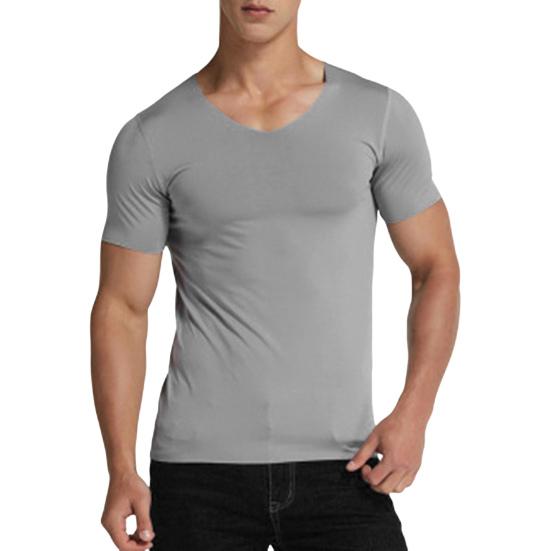 Herren Sommer T-Shirt Einfarbig Nahtlose Eis Seide V-Ausschnitt Kurze Ärmel Weich Atmungsaktiv Pullover Sport Business Casual Männer Büro Top