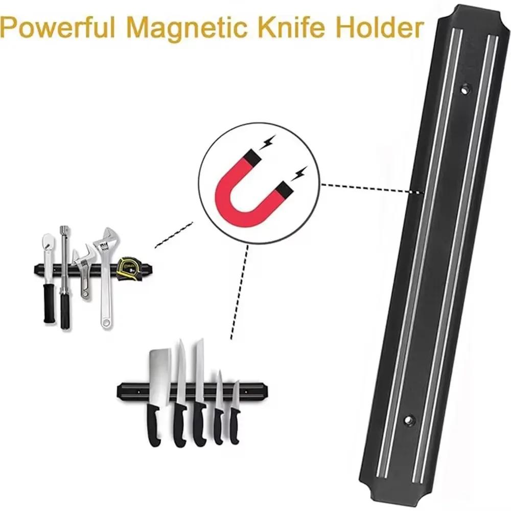 Powerful Magnetic Knife Holder Multifunctional Wall Hanging Knife Rack Strip Black Kitchen Practical Tools Organizer Punch Free