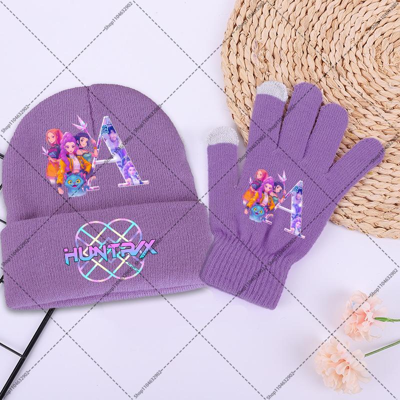 

2PCS Kpop Demon Hunters Knitted Hat and Gloves Set Cartoon Anime Letters A-Z Printed Winter Accessories Boys Girls Cute Beanies