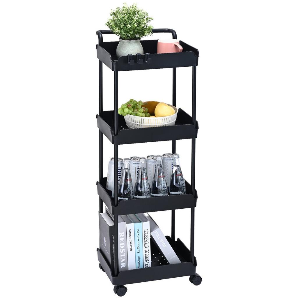 4-Tier Rolling Utility Cart, Kitchen Cart with Lockable Wheels, Multi-Functional Storage Trolley with Handle for Office, Living Room, Kitchen, Movable