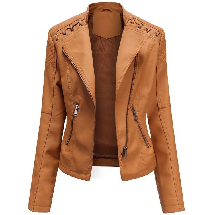 Stylish Women Faux Leather Moto Jacket Retro Lacing Detail PU Biker Coat Casual Zip Up Outerwear Slim Fit Short Classic Plus Size S-4XL