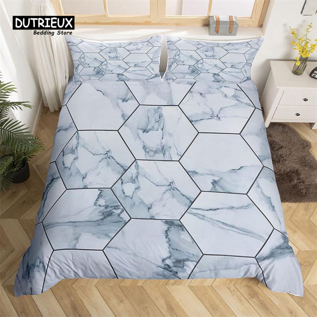 Marble Duvet Cover Set Microfiber Geometric Hexagone Quilt Cover Honeycomb Bedding Set Single King Queen For Kids Teens Adults