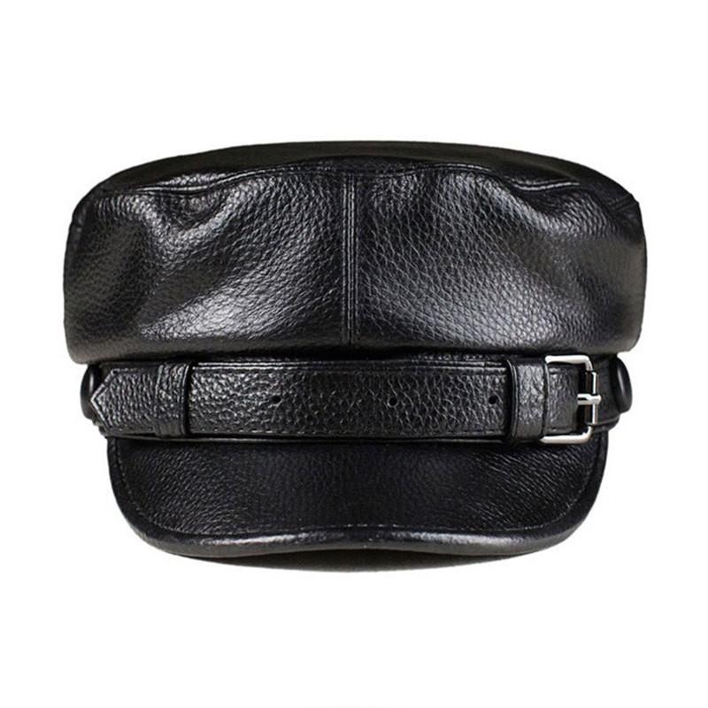 Unisex Flat Top Leather Cap Retro Black Cowboy Beret Short Brim Winter Warm Sun Protection