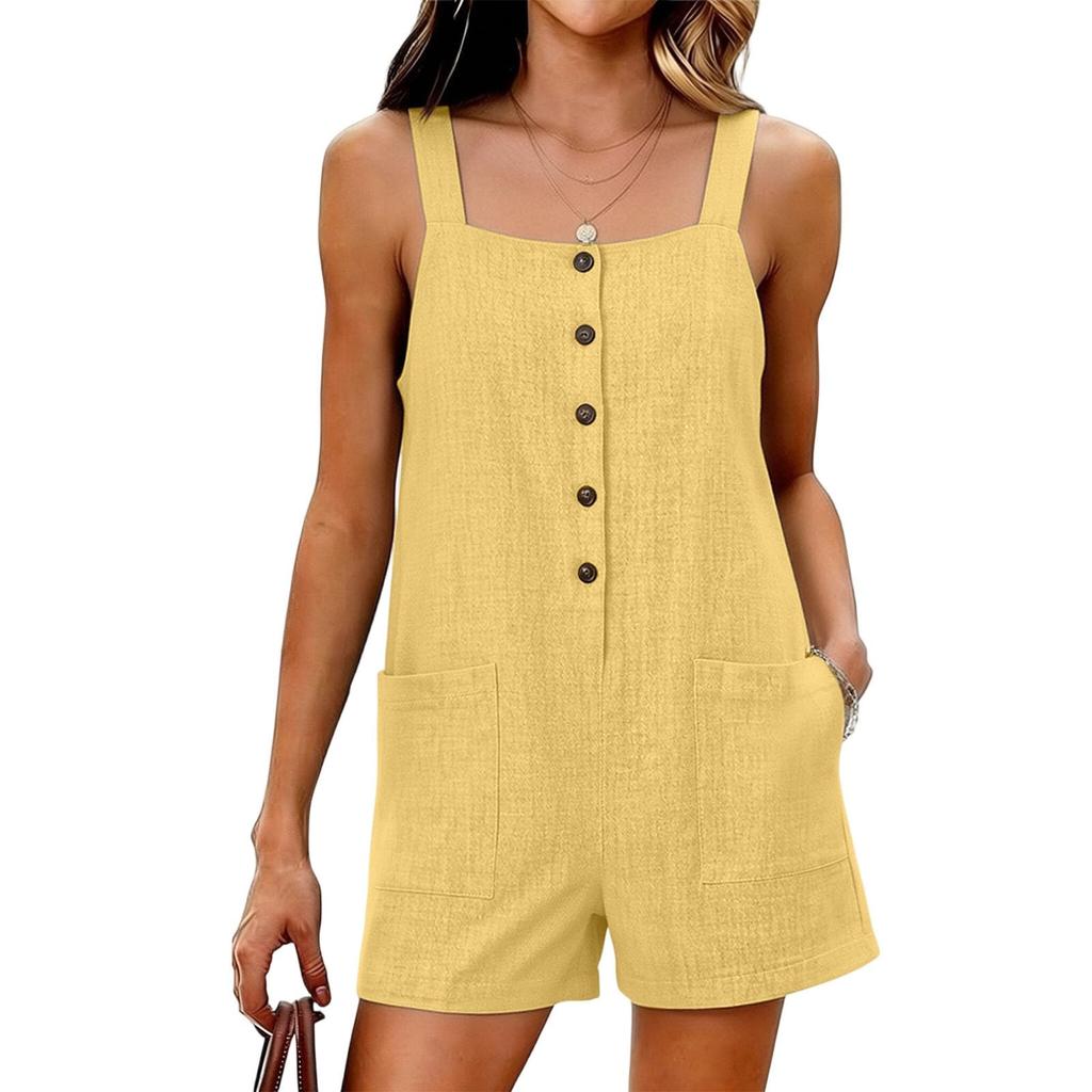 Womens Linen Sleeveless Romper Button Front Loose Fit Wide Strap Casual Beach Vacation Jumpsuit with Pockets