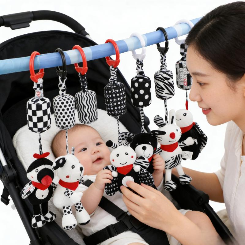 Baby Sensory Hanging Rattles Toy Black White Animals Stroller Infant Bed Wind Chimes 0-12 Months Infant Rattle Educational Toy