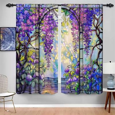 Rideaux Glycine Vitrail Jardin Fleuri Fenêtre Draperies 2 Panneaux Romantique Salon Chambre Décoration de Maison