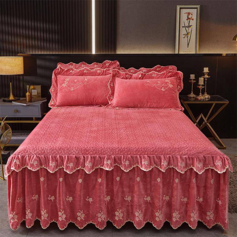 Jupe de lit en Fiber de lait d'hiver, couvre-lit matelassé en dentelle, épais et chaud, couverture de matelas en polaire pour bébé, literie en molleton de corail