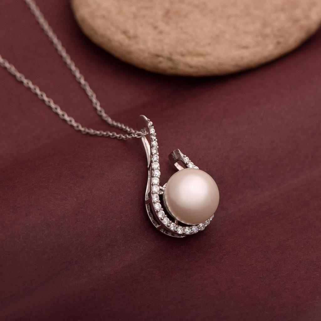 3.95 Ctw Round Shape Pearl Gemstone 925 Sterling Silver Solitaire Swirl Design Necklace For Women