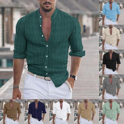 Cămașă pentru bărbați Moda bărbătească din bumbac și in Tricou imprimat în dungi Cămașă lejeră cu mâneci lungi