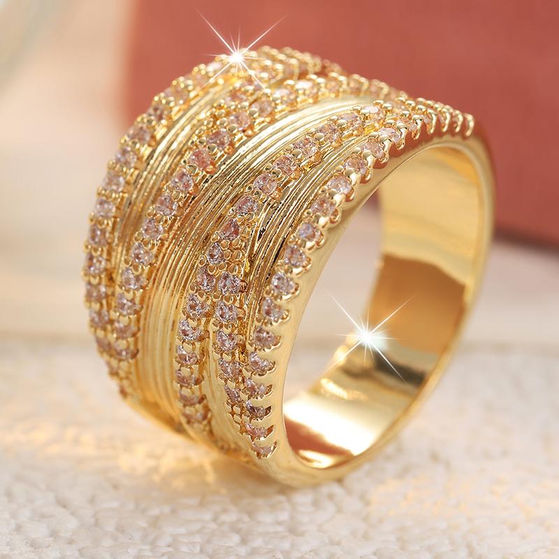 Classic Inlaid White CZ Women's Ring Dazzling Gold Color Geometry Daily Wear Party Jewelry Anniversary Gift