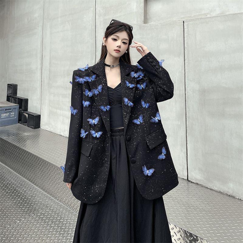 Niche Design Shiny Detachable Butterfly Black Blazer for Women Spring Autumn Loose Padded Shoulder Casual Suit Outerwear