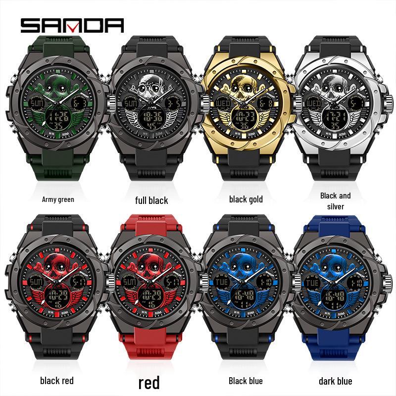 Sanda Skull Design Dual Display Waterproof Luminous Men's Student Multifunctional Watch