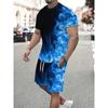 A Set of Men's Fashionable Casual Sportswear, Including a Blue Flame High-definition Pattern Short Sleeved T-shirt and Drawstring Sports Shorts