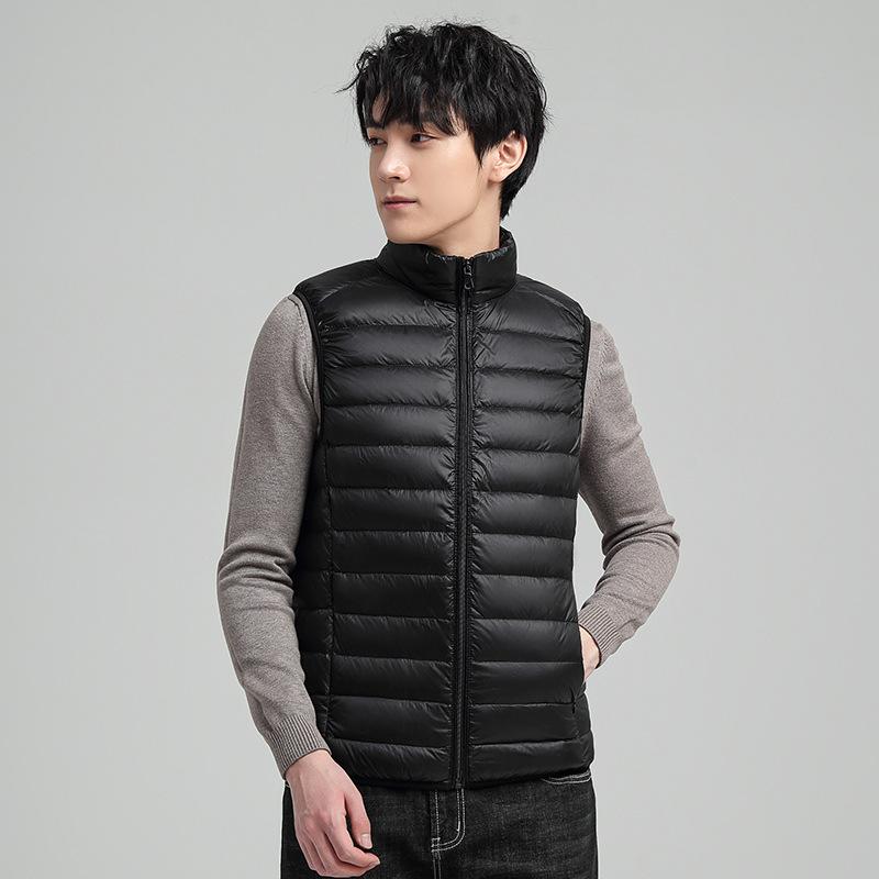 Winter Thin Down Sleeveless Vest for Men Solid Color Stand Collar White Duck Down Thermal Top Jacket for Men