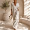 European and American Linen Cotton Loose V-neck Long Dress Women's Summer Vacation Casual Dress