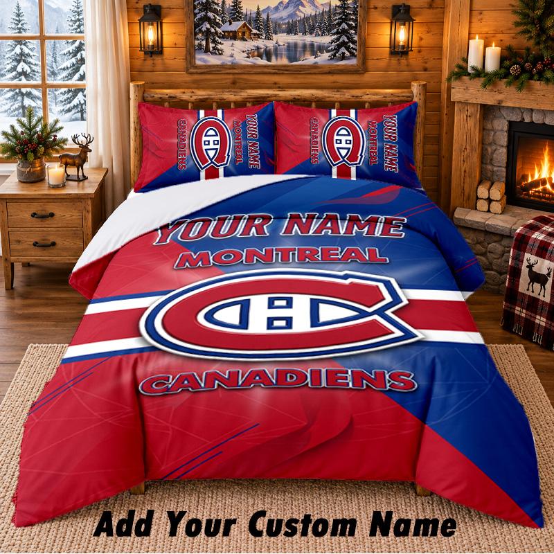 Montreal Canadiens Muster Bettwäsche 3-teiliges Set mit individuellem Namen, Bettlaken und Kissenbezügen für das Schlafzimmer zu Hause