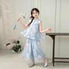 Girls' New Chinese Style Blue Sleeveless Vest & Pants Set