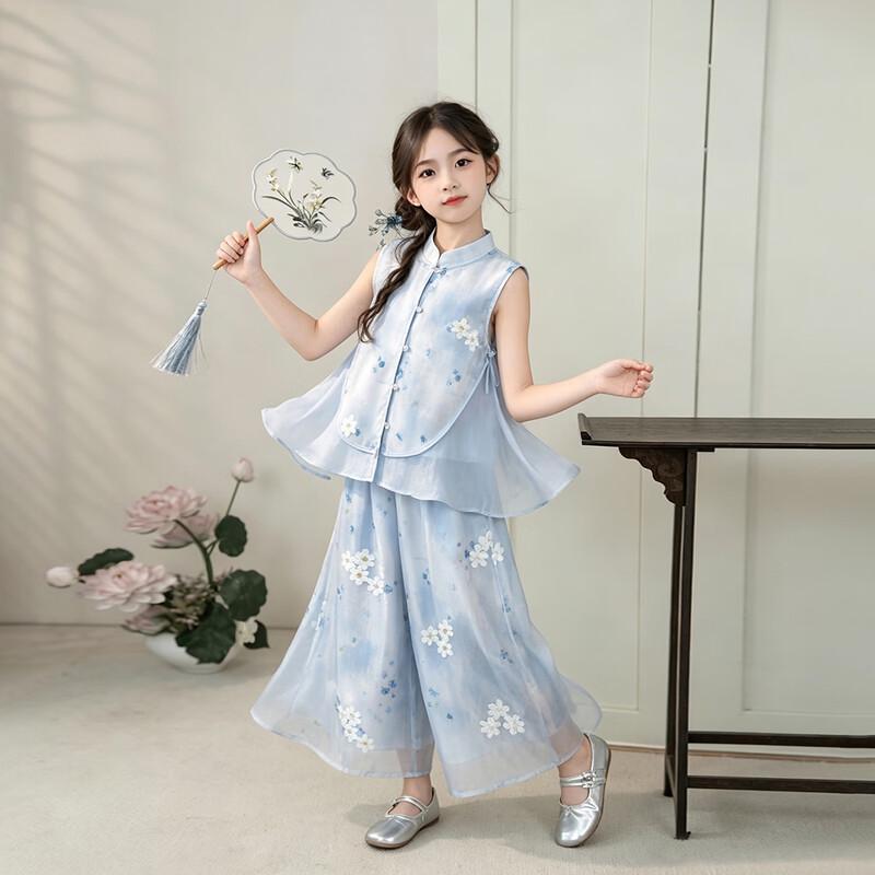 Girls' New Chinese Style Blue Sleeveless Vest & Pants Set