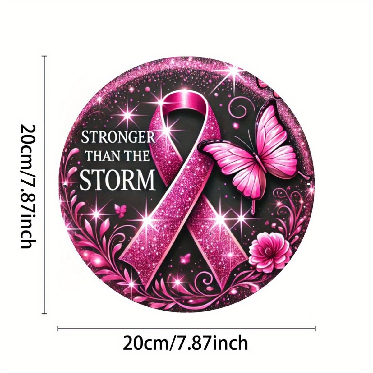 Inspirational Cancer Awareness Round Iron Sign Stronger Than The Storm Butterfly Ribbon Motif Metal Wall Art for Home 20x20cm(8x8inch)