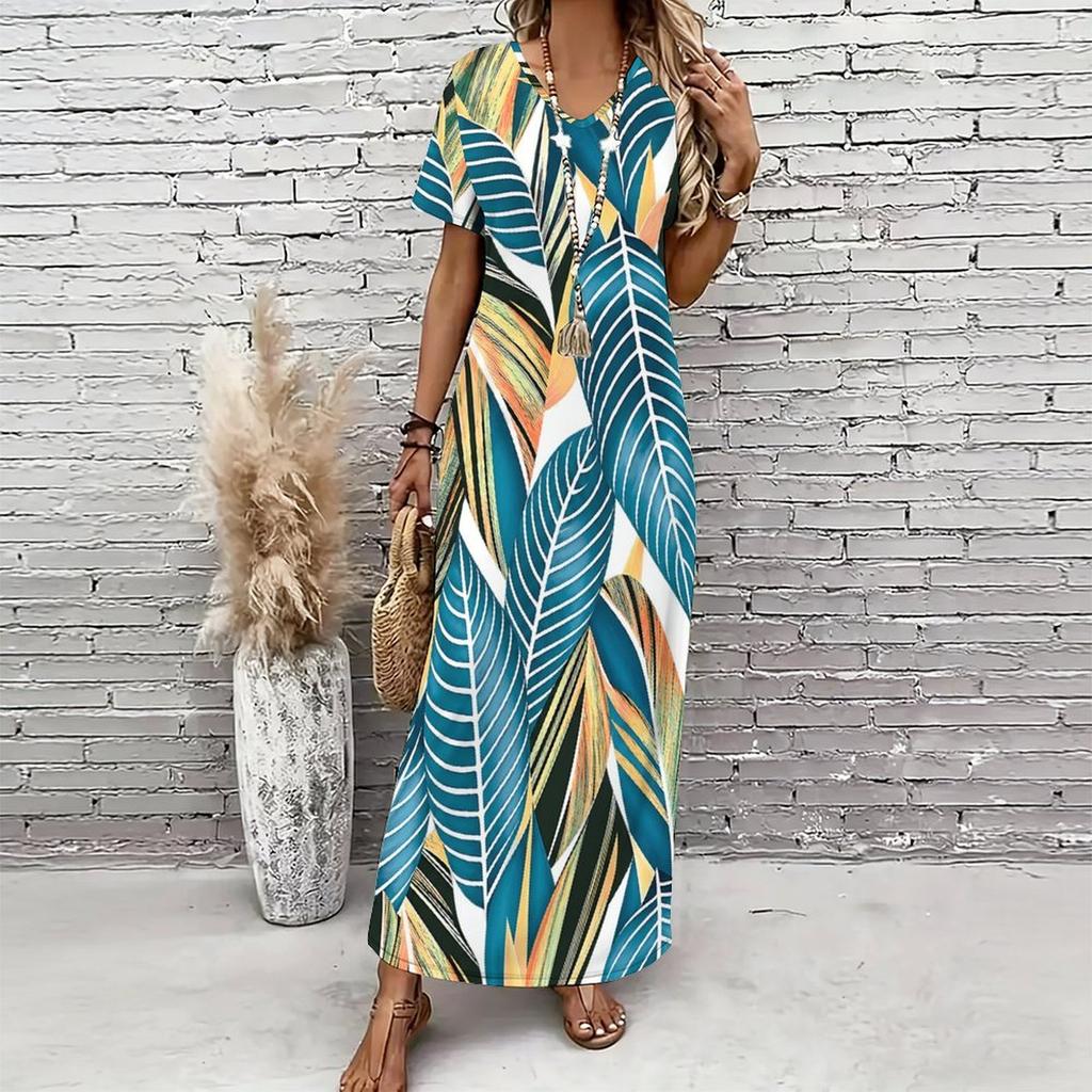 Women Plus Size V Neck Short Sleeve Green Blue Printed Straight Long Dress