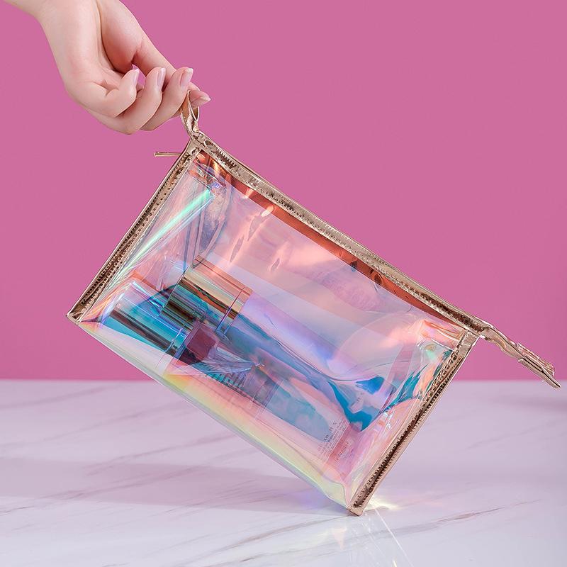 Borsa Trasparente Impermeabile in PVC per Cosmetici, Necessaire, Organizer per Trucco, Colore Laser, Cerniera, Lavabile, Beauty Case