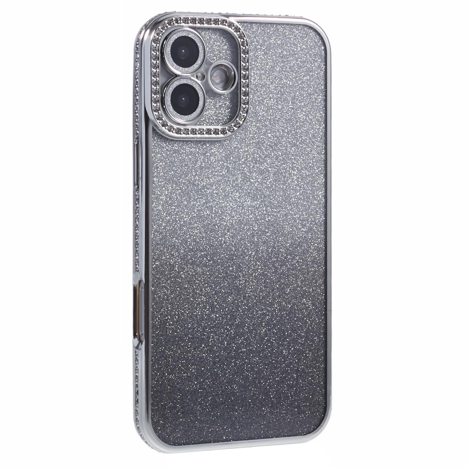 

Чехол для iPhone 16 Plus Защита объектива камеры Прозрачная задняя крышка телефона Декор стразами с блестящей бумагой Gradient Silver