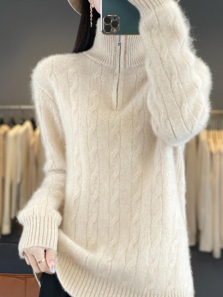 High-Neck Pure Wool Women's Slimming Cable Knit Cashmere Half-Zip Pullover Sweater