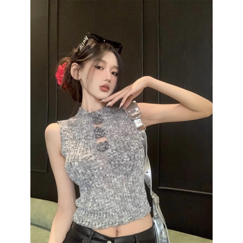 2025 Spring/Summer Hong Kong Style Spicy Girl 3D Floral Hollow Cropped Slim Vest Trendy Knitwear