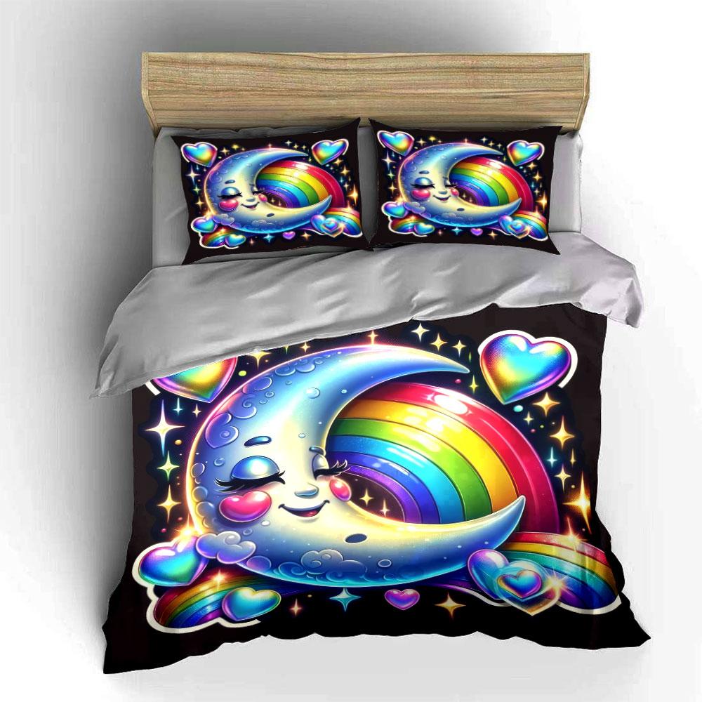 Cute Moon Rainbow Heart Design Bedding Duvet Cover Set  (1*Duvet Cover 2*Pillowcases, Without Duvet Insert)
