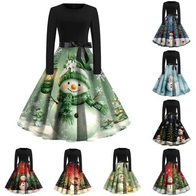 Γυναικείο Χριστουγεννιάτικο Φόρεμα με Πρίτσα, Μανίκια 3/4, Στρογγυλή Λαιμόκοψη και Μεγάλο Στρίφωμα