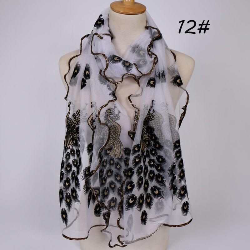 

Женский шарф из кружева с вышивкой в виде павлиньих перьев, длинный мягкий шарф-шаль белый